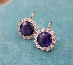 A very fine pair of Amethyst & Diamond Drop Earrings mounted in High Carat Yellow Gold & Platinum, English, Circa 1910
