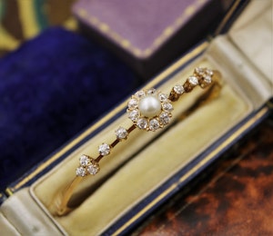 Downstairs At Grays: a very fine Victorian Natural Saltwater Pearl & Old European Cut, Diamond Cluster Bangle set in 15ct. Yellow Gold, English, Circa 1900.