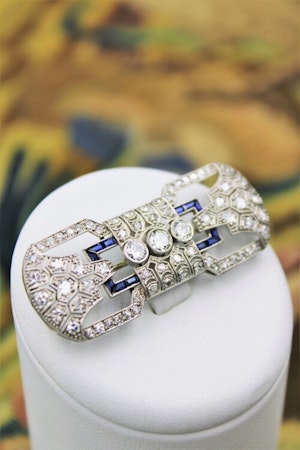 Downstairs at Grays, A very fine Antique Platinum, Diamond and "Calibre cut" Sapphire "Art Deco" Brooch, Circa 1930. 5,750.00