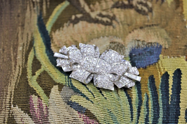 Platinum Diamond Double Clip Bow Brooch, English, Circa 1930 - image 1