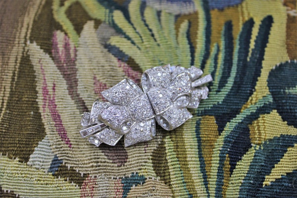 Platinum Diamond Double Clip Bow Brooch, English, Circa 1930 - image 2