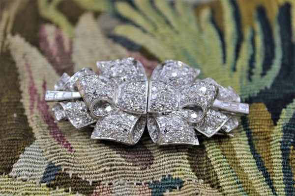 Platinum Diamond Double Clip Bow Brooch, English, Circa 1930 - image 3