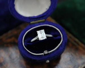 Downstairs at Grays: A very fine 0.91 Carat Emerald Cut, Diamond Solitaire Engagement Ring mounted in Platinum, Pre-owned