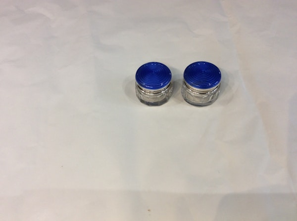 A pair of blue enamel and silver top small jars - image 3