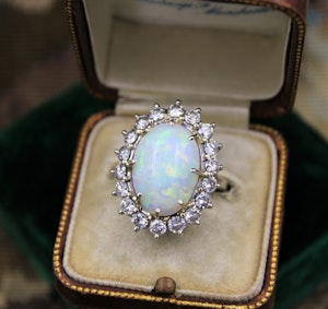 Downstairs at Grays: A very fine Opal and Diamond Cluster Ring set in 18ct White Gold, English, Circa 1960