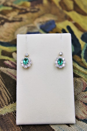 A fine pair of Emerald & Diamond Cluster Drop Earrings set in 18 Carat White & Yellow gold, Pre-owned