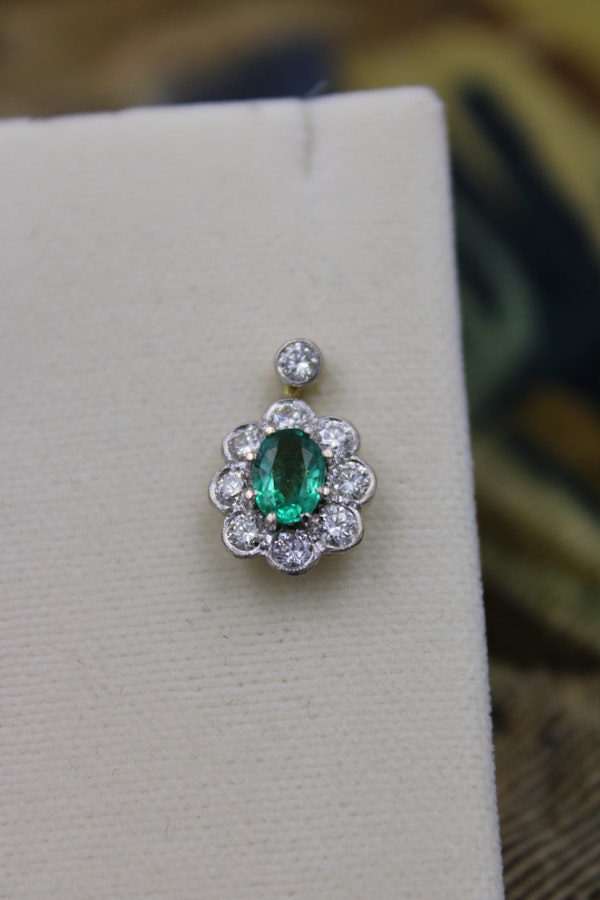 A fine pair of Emerald & Diamond Cluster Drop Earrings set in 18 Carat White & Yellow gold, Pre-owned - image 2