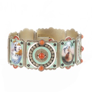 Four Seasons Portrait Panel Bracelet | Enamel & Coral in Silver Gilt | Austrian c.1900