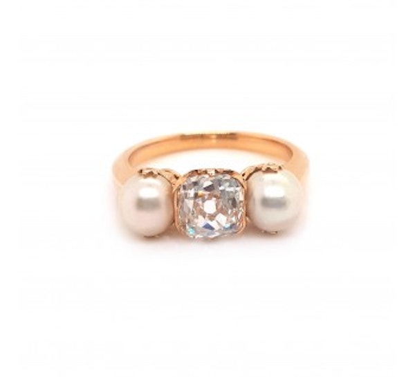 Antique Pearl, Diamond And Gold Three Stone Ring - image 2