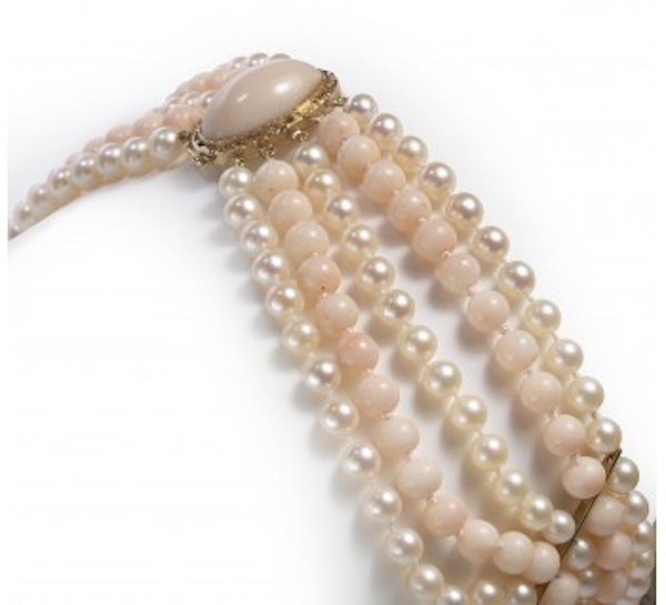 Vintage Coral And Cultured Pearl Five Row Necklace - image 3