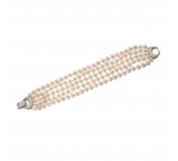 Five Row Cultured Pearl And Diamond Bracelet - image 3