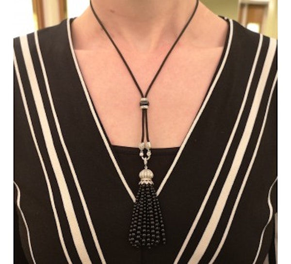 Black Onyx Bead And Diamond Tassel Pendant Necklace, Circa 1930 - image 3