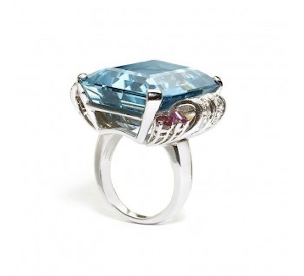 Vintage Tiffany & Co. Aquamarine Ruby Diamond and Palladium Ring, Circa 1950 - image 2