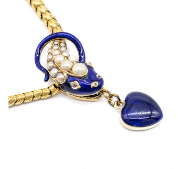 Antique Blue Enamel Pearl And Gold Snake Necklace With Heart Locket Circa 1850 - image 2
