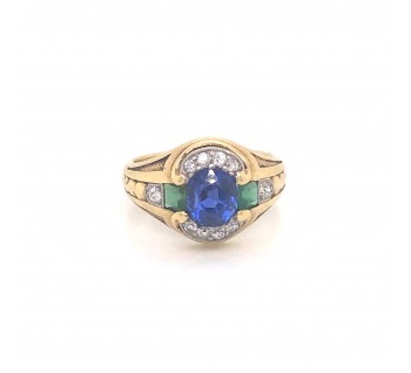 Art Deco Durand & Co. Sapphire, Chrysoprase, Diamond and Gold Ring, Circa 1935 - image 2