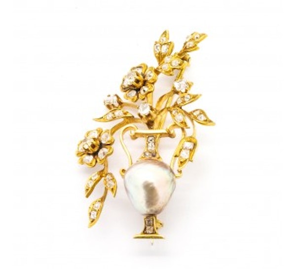 Antique Pearl Diamond And Gold Jardiniere Brooch - image 2