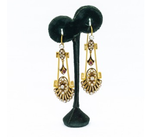 Victorian Aesthetic Movement Gold, Pearl, Diamond, Black Enamel and Ruby Earrings, Circa 1875 - image 2