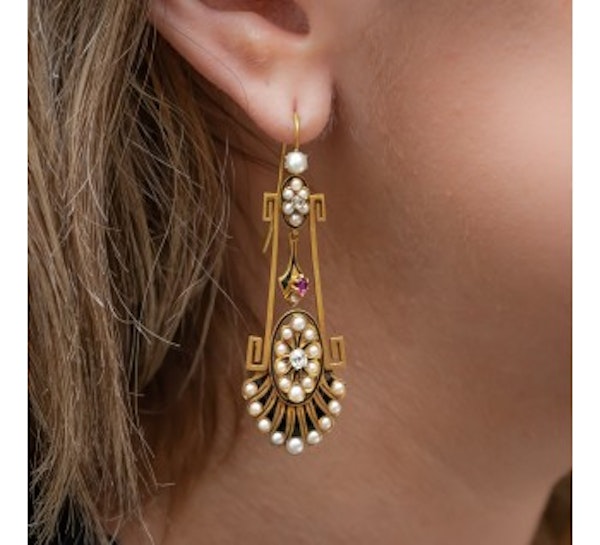 Victorian Aesthetic Movement Gold, Pearl, Diamond, Black Enamel and Ruby Earrings, Circa 1875 - image 3