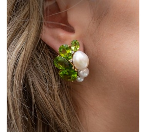 Modern Peridot, Pearl, Diamond And Gold Earrings - image 3