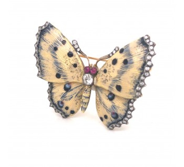 Cream And Blue Enamel Butterfly Brooch - image 2