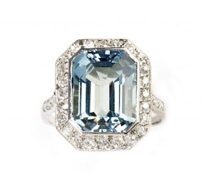 Art Deco Aquamarine, Diamond and Platinum Ring