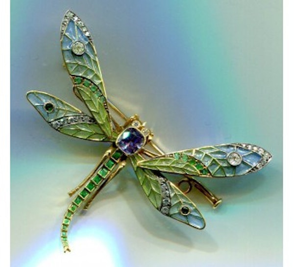 Plique À Jour Sapphire, Emerald And Diamond Dragonfly Brooch - image 2