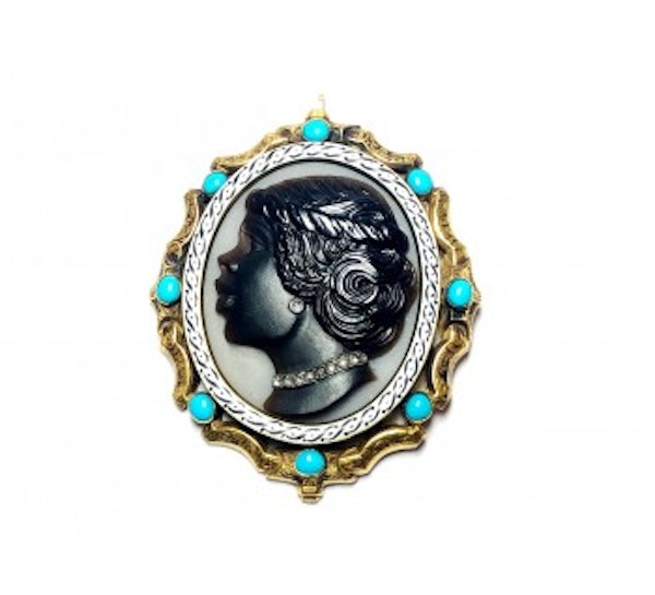Turquoise, Diamond, Enamel And Gold Cameo Pendant - image 2