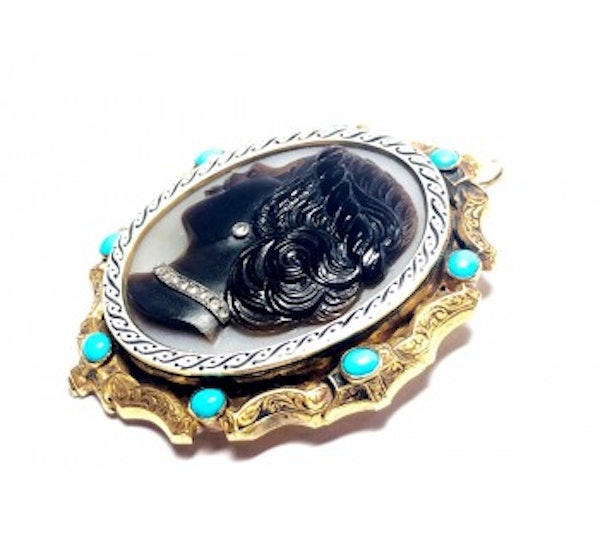 Turquoise, Diamond, Enamel And Gold Cameo Pendant - image 3
