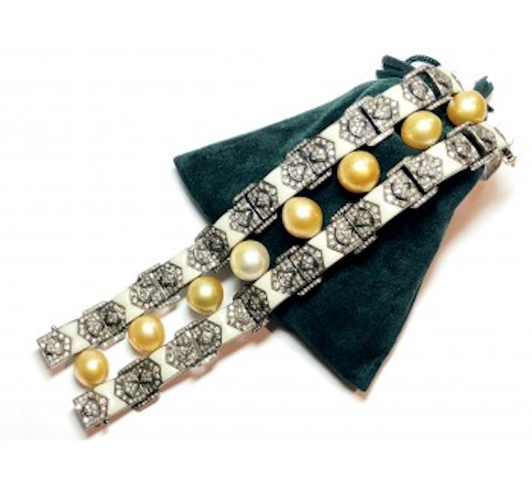 Modern South Sea Pearl Diamond Bakelite Silver and Gold Bracelet - image 2
