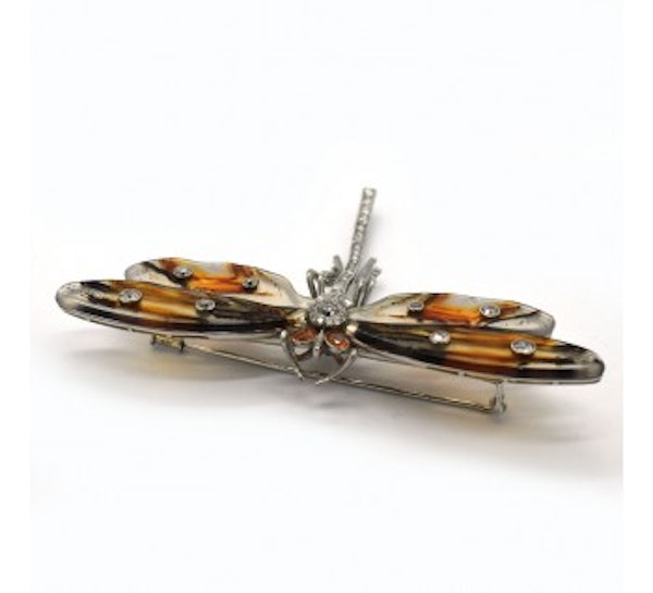 Mocha Stone Agate, Diamond, Padparadscha Sapphire And White Gold Dragonfly Brooch - image 3