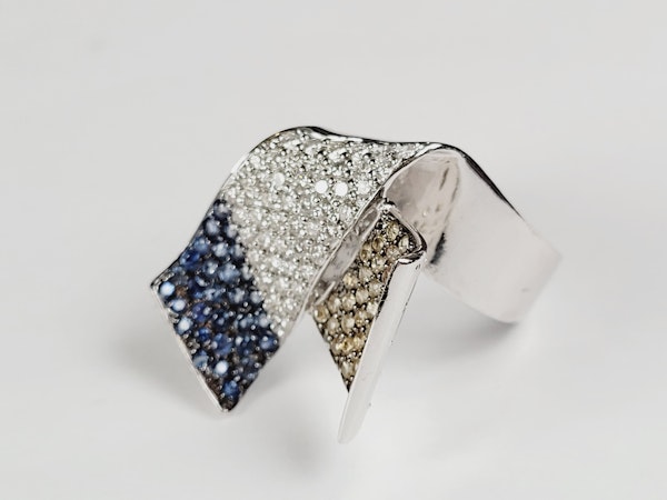 Modern diamond, yellow sapphire and blue sapphire ribbon ring sku 5110  DBGEMS - image 2