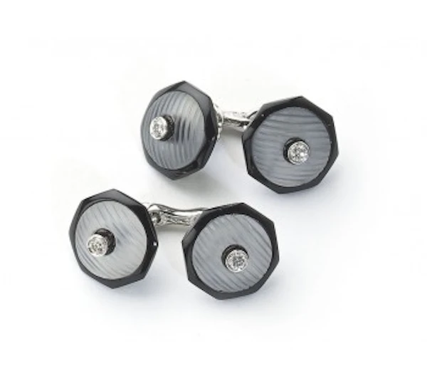 Modern Diamond Rock Crystal Black Onyx and White Gold Cufflinks - image 1