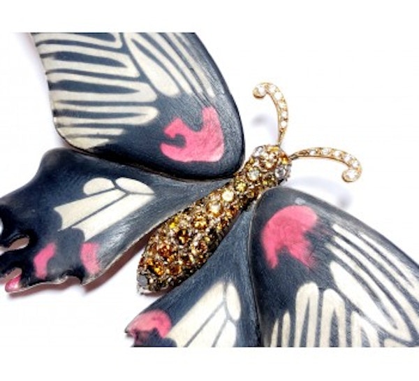 Scarlet Mormon Enamel Butterfly Brooch, Silver And Gold - image 2