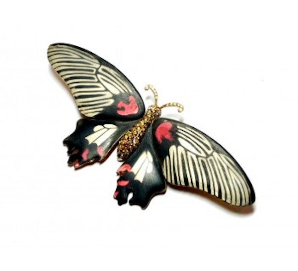 Scarlet Mormon Enamel Butterfly Brooch, Silver And Gold - image 3
