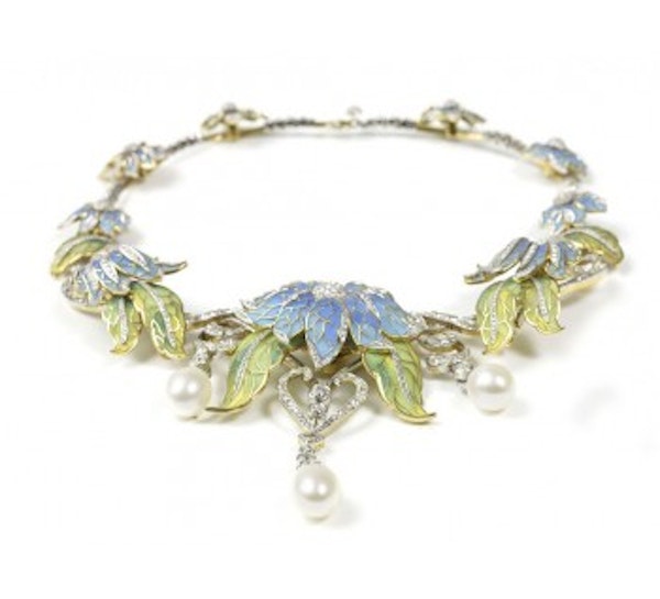 Plique-A-Jour Enamel, Diamond And Pearl Flower Necklace - image 2