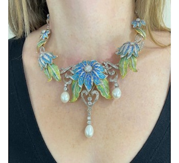 Plique-A-Jour Enamel, Diamond And Pearl Flower Necklace - image 3
