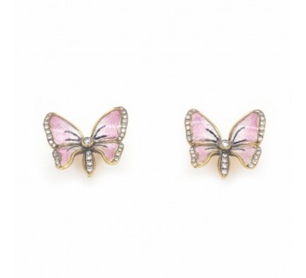 Moira Pink Plique À Jour Enamel, Diamond And Gold Butterfly Earrings - image 2