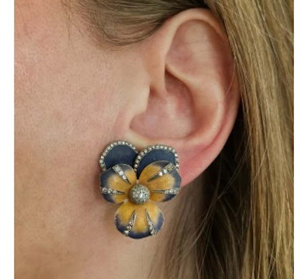 Enamel And Diamond Pansy Flower Earrings - image 2