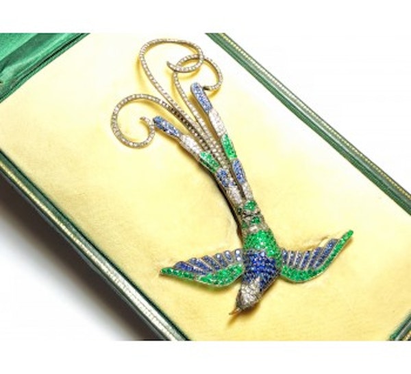 Sapphire, Diamond And Emerald Set Bird Brooch - image 2