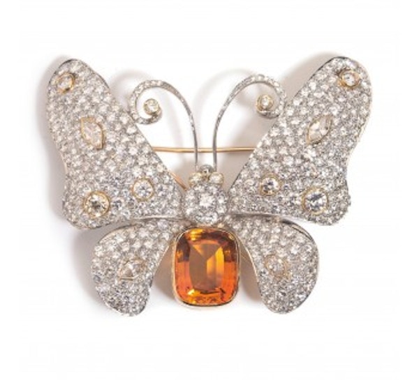Citrine, Diamond And Platinum Butterfly Brooch - image 3