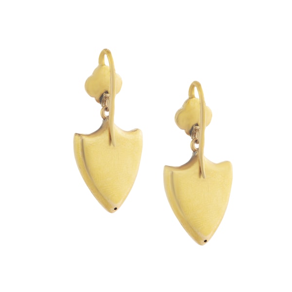 A Pair of Gold Blue Enamel Diamond Shield Earrings - image 2