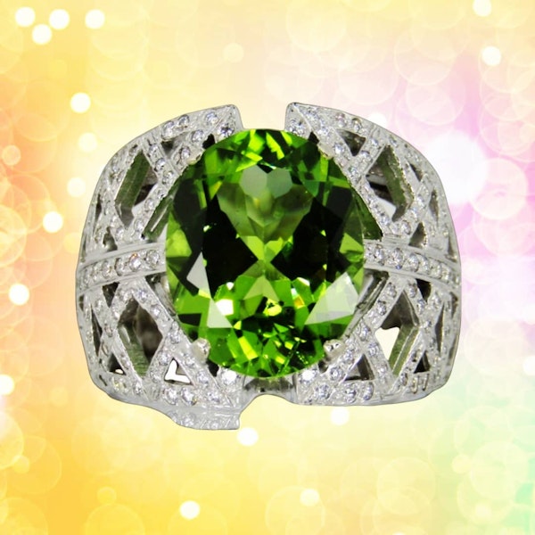 French Platinum Peridot and Diamond Cocktail Ring - image 2