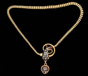 MM7106n Victorian gold garnet diamond snake necklace 1870c boxed