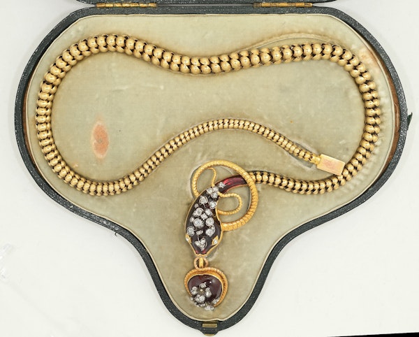MM7106n Victorian gold garnet diamond snake necklace 1870c boxed - image 2