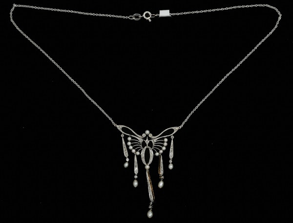 MM7043p Platinum pearl diamond Edwardian drop necklace 1910c - image 1
