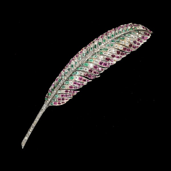 MM7136b Victorian diamond emerald ruby gold/Silver feather brooch 1870c - image 1