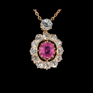 MM5708b/p Natural Burmese ruby diamond cluster everyday wearable gold pendant Victorian 1880c