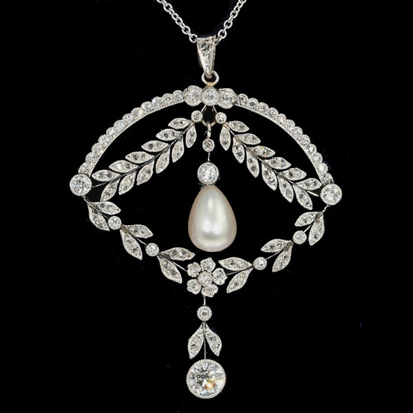 MM6924p Edwardian diamond natural pearl Platinum pendant 1910c - image 1