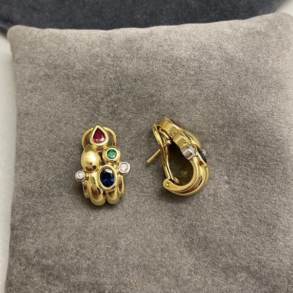 Ruby Emerald Sapphire Diamond Earrings in 9ct Gold date circa 1990, SHAPIRO & Co since1979 - image 3