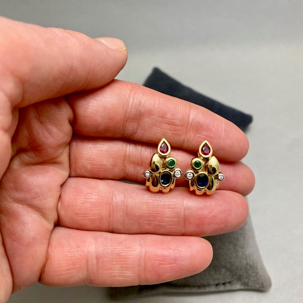 Ruby Emerald Sapphire Diamond Earrings in 9ct Gold date circa 1990, SHAPIRO & Co since1979 - image 5